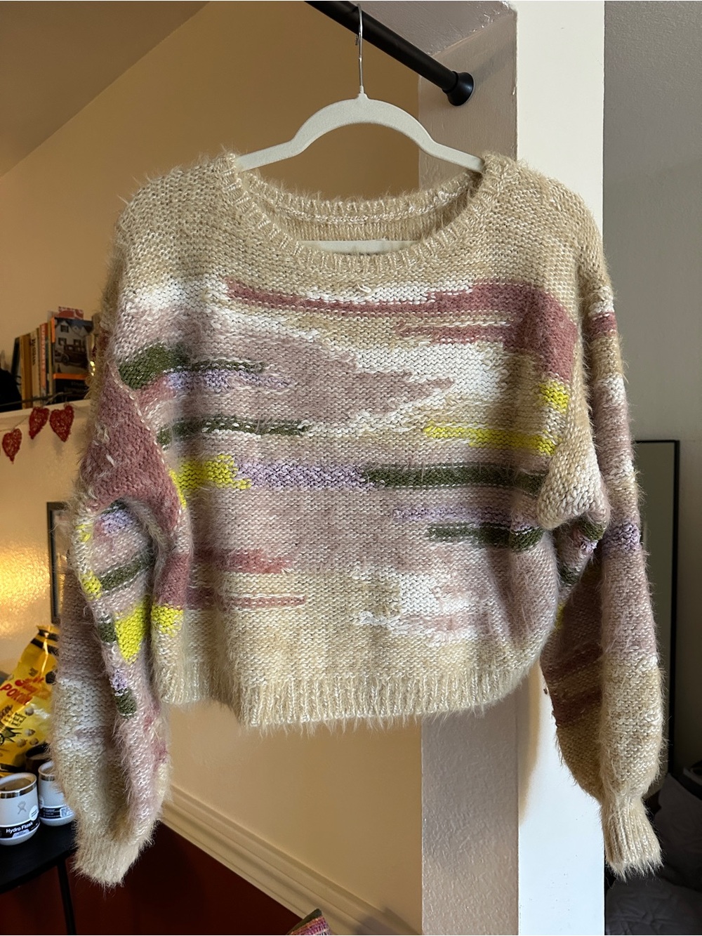 Pilcro - Multicolor Fuzzy Knit Sweater - Cream and Pink - size S